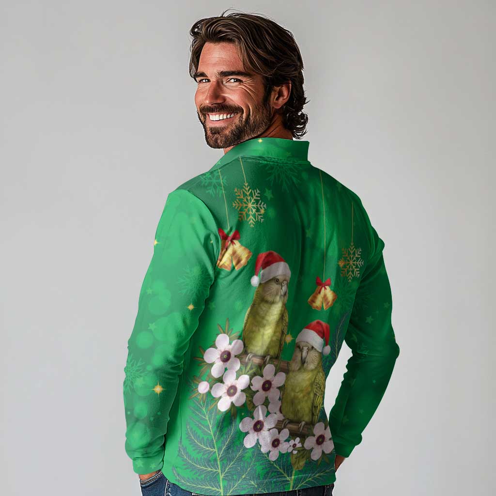 New Zealand Kakapo Christmas Long Sleeve Polo Shirt Owl Parrot Santa Sliver Fern Manuka - Green LT14 - Polynesian Pride