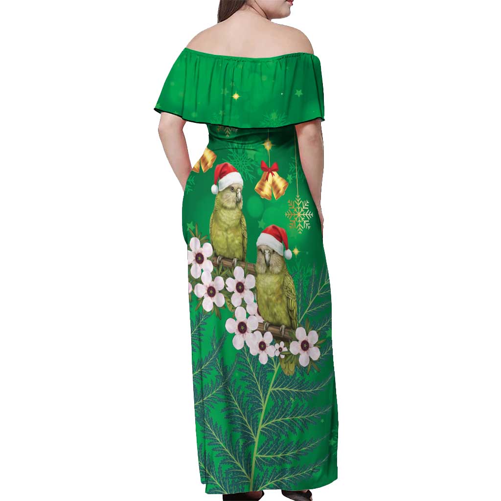 New Zealand Kakapo Christmas Off Shoulder Maxi Dress Owl Parrot Santa Sliver Fern Manuka - Green LT14 - Polynesian Pride
