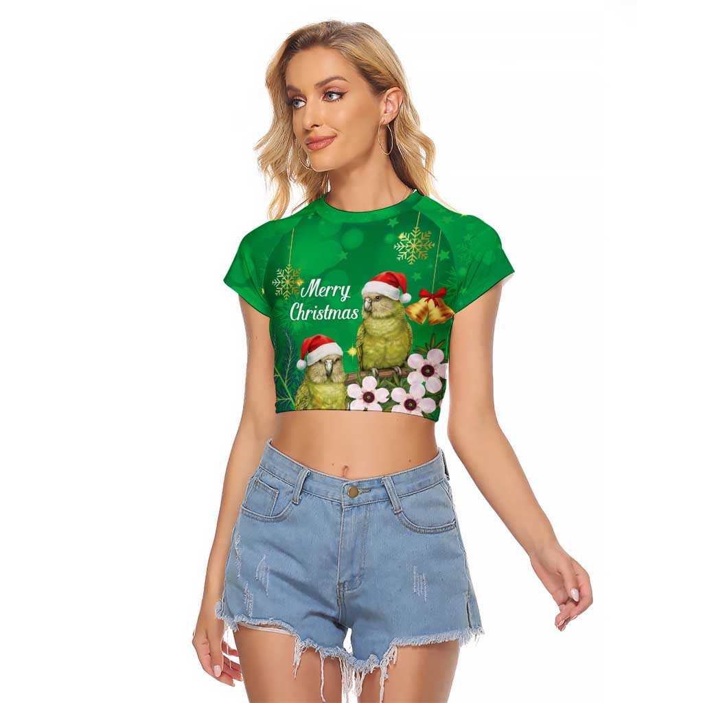 New Zealand Kakapo Christmas Raglan Cropped T Shirt Owl Parrot Santa Sliver Fern Manuka - Green LT14 Female Green - Polynesian Pride