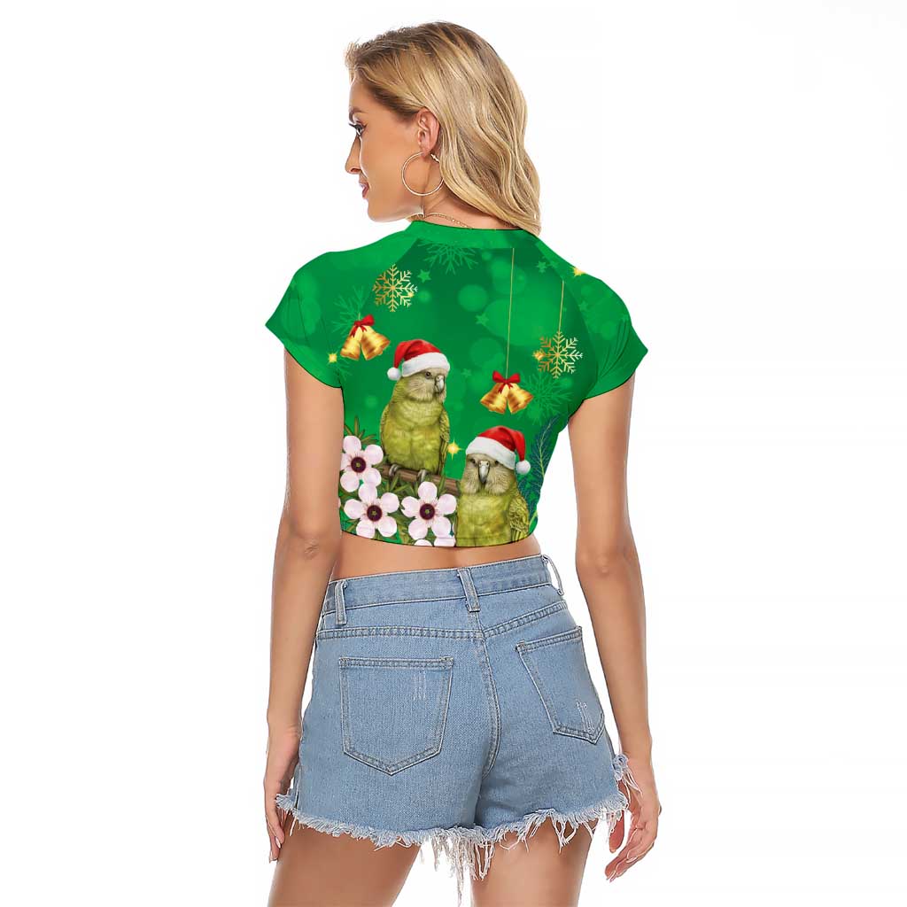 New Zealand Kakapo Christmas Raglan Cropped T Shirt Owl Parrot Santa Sliver Fern Manuka - Green LT14 - Polynesian Pride
