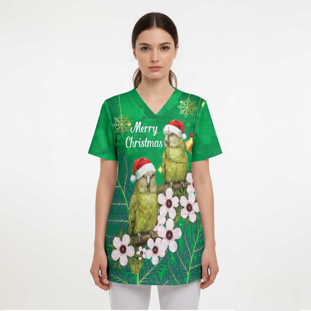 New Zealand Kakapo Christmas Scrub Top Owl Parrot Santa Sliver Fern Manuka - Green LT14 - Polynesian Pride