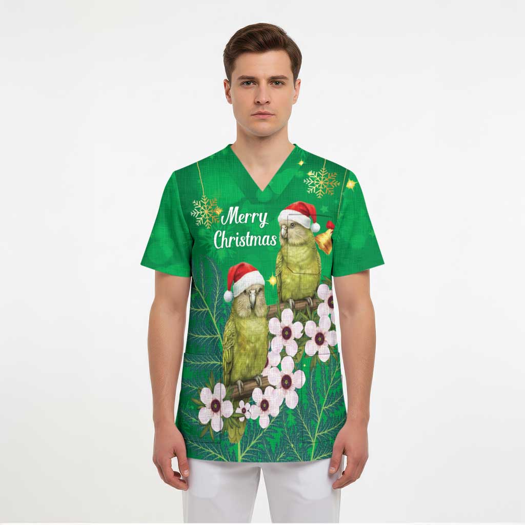 New Zealand Kakapo Christmas Scrub Top Owl Parrot Santa Sliver Fern Manuka - Green LT14 - Polynesian Pride