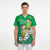 New Zealand Kakapo Christmas Scrub Top Owl Parrot Santa Sliver Fern Manuka - Green LT14 - Polynesian Pride