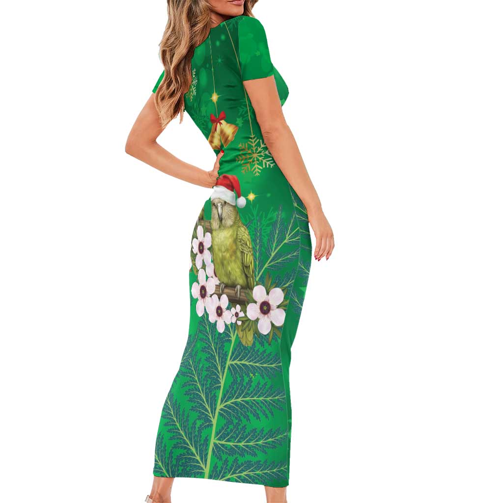 New Zealand Kakapo Christmas Short Sleeve Bodycon Dress Owl Parrot Santa Sliver Fern Manuka - Green LT14 - Polynesian Pride