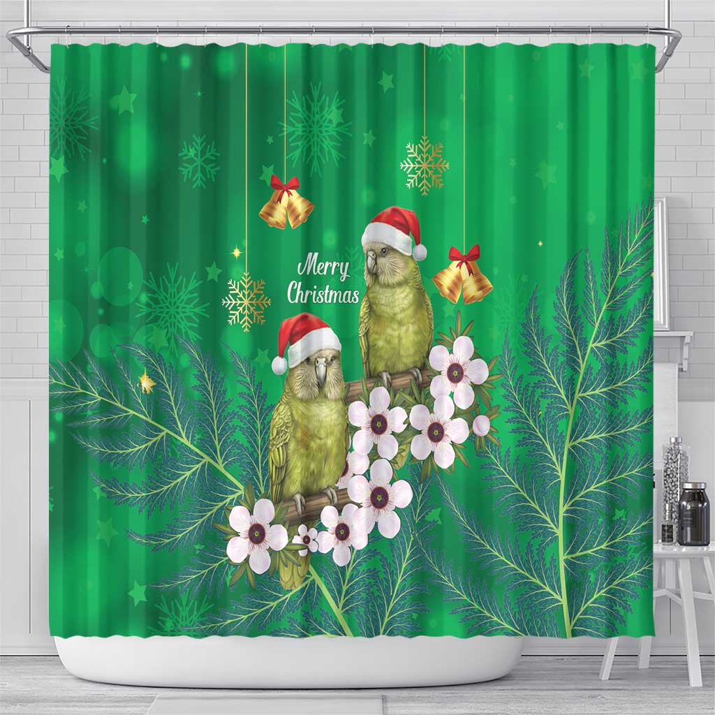 New Zealand Kakapo Christmas Shower Curtain Owl Parrot Santa Sliver Fern Manuka - Green LT14 - Polynesian Pride