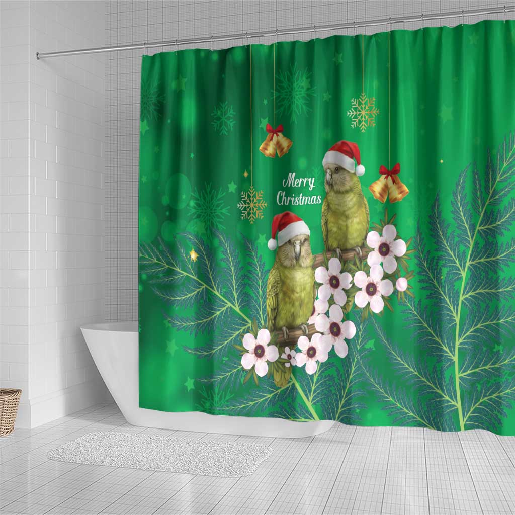 New Zealand Kakapo Christmas Shower Curtain Owl Parrot Santa Sliver Fern Manuka - Green LT14 - Polynesian Pride