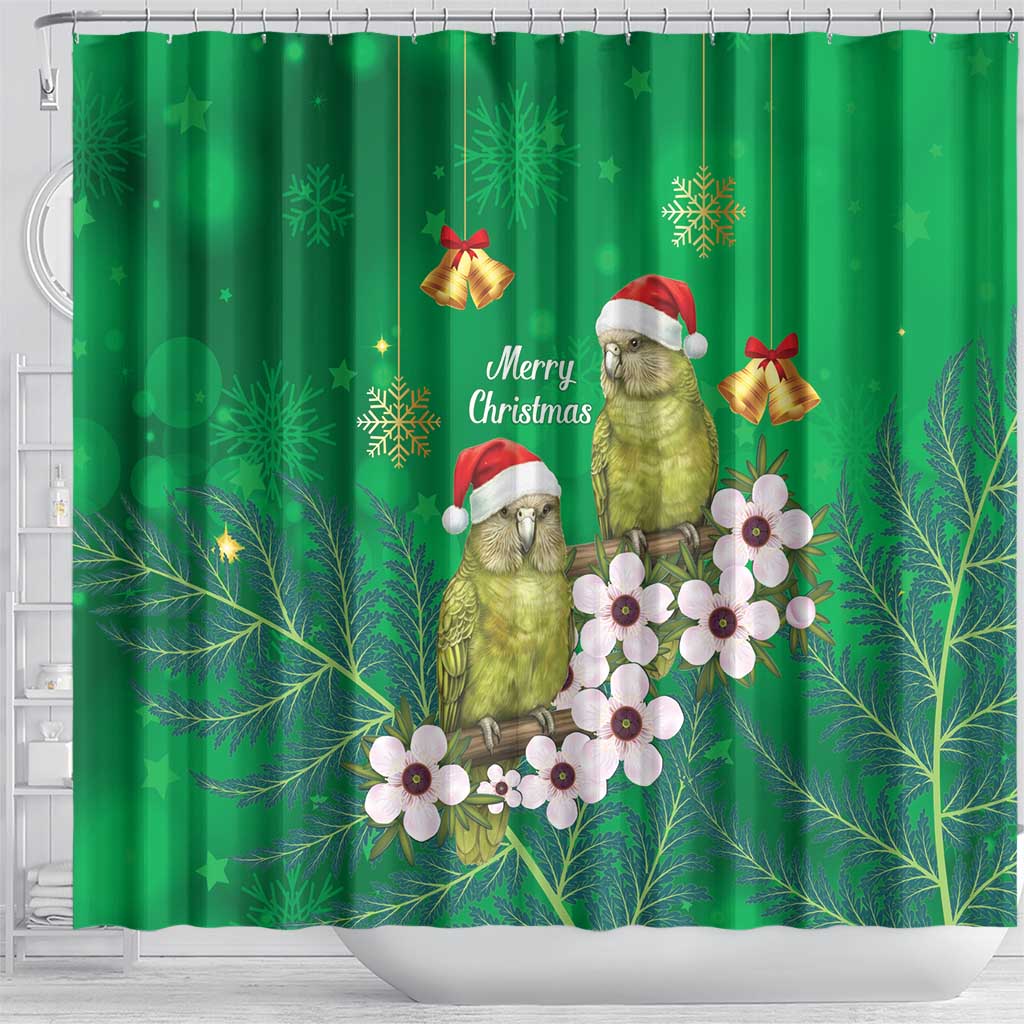 New Zealand Kakapo Christmas Shower Curtain Owl Parrot Santa Sliver Fern Manuka - Green LT14 - Polynesian Pride