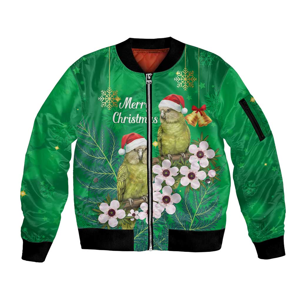 New Zealand Kakapo Christmas Sleeve Zip Bomber Jacket Owl Parrot Santa Sliver Fern Manuka - Green LT14 Unisex Green - Polynesian Pride