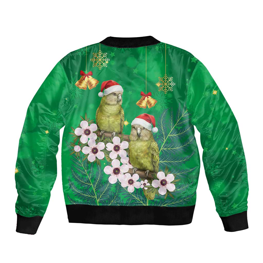 New Zealand Kakapo Christmas Sleeve Zip Bomber Jacket Owl Parrot Santa Sliver Fern Manuka - Green LT14 - Polynesian Pride