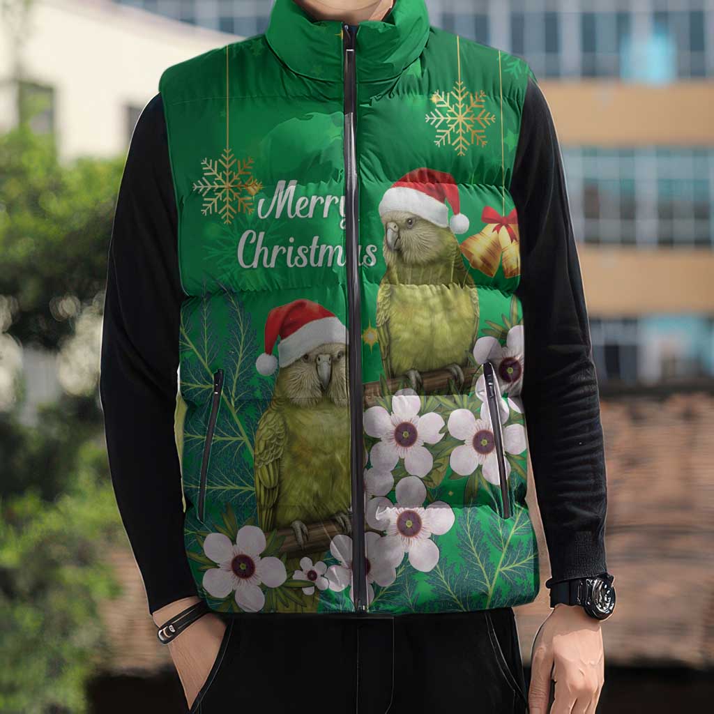 New Zealand Kakapo Christmas Sleeveless Puffer Jacket Owl Parrot Santa Sliver Fern Manuka - Green LT14 - Polynesian Pride
