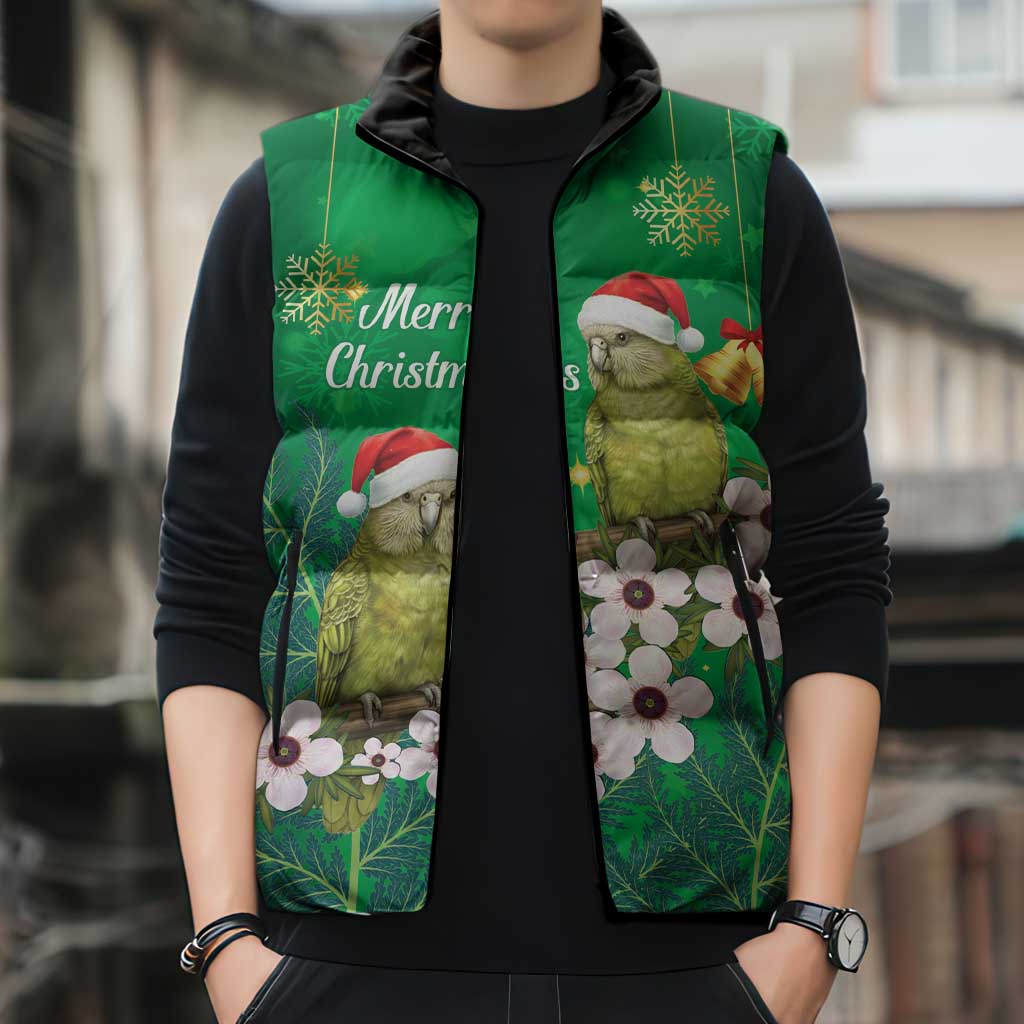 New Zealand Kakapo Christmas Sleeveless Puffer Jacket Owl Parrot Santa Sliver Fern Manuka - Green LT14 - Polynesian Pride