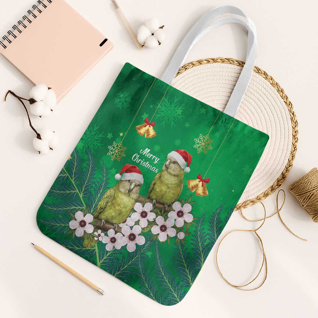 New Zealand Kakapo Christmas Tote Bag Owl Parrot Santa Sliver Fern Manuka - Green LT14 White Strap One Size Green - Polynesian Pride