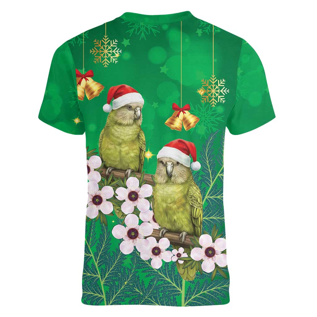 New Zealand Kakapo Christmas Women V-Neck T-Shirt Owl Parrot Santa Sliver Fern Manuka - Green LT14 - Polynesian Pride