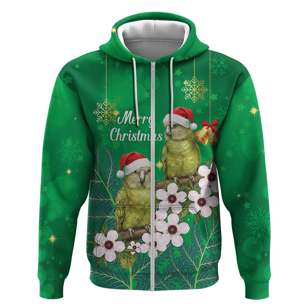 New Zealand Kakapo Christmas Zip Hoodie Owl Parrot Santa Sliver Fern Manuka - Green LT14 Zip Hoodie Green - Polynesian Pride