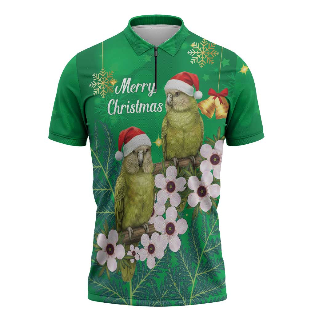 New Zealand Kakapo Christmas Zipper Polo Shirt Owl Parrot Santa Sliver Fern Manuka - Green - Polynesian Pride
