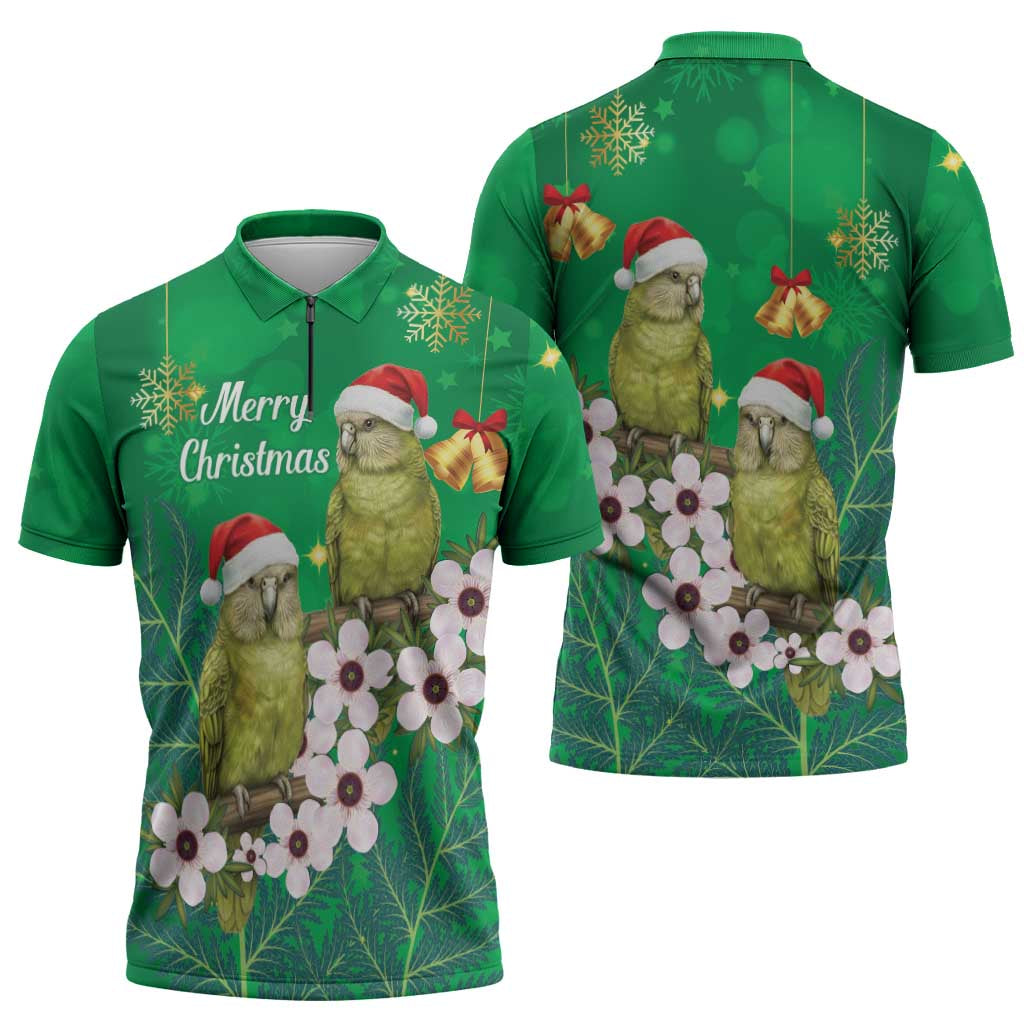 New Zealand Kakapo Christmas Zipper Polo Shirt Owl Parrot Santa Sliver Fern Manuka - Green LT14 - Polynesian Pride