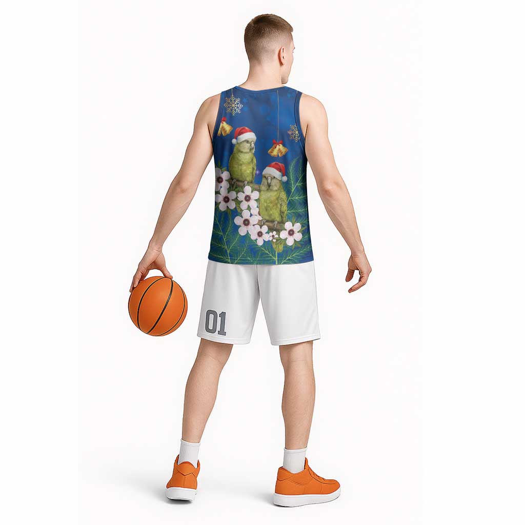New Zealand Kakapo Christmas Basketball Jersey Owl Parrot Santa Sliver Fern Manuka - Blue LT14 - Polynesian Pride