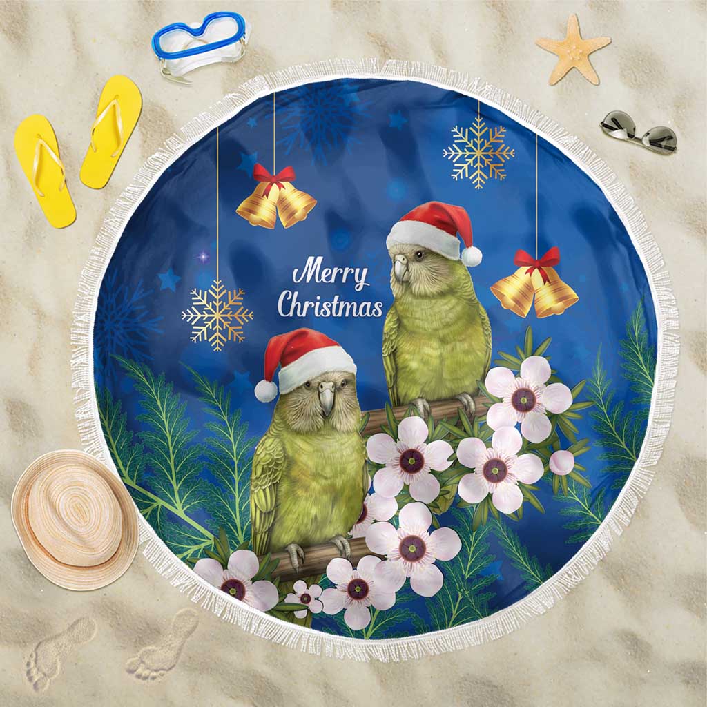 New Zealand Kakapo Christmas Beach Blanket Owl Parrot Santa Sliver Fern Manuka - Blue LT14 One Size 150cm Blue - Polynesian Pride