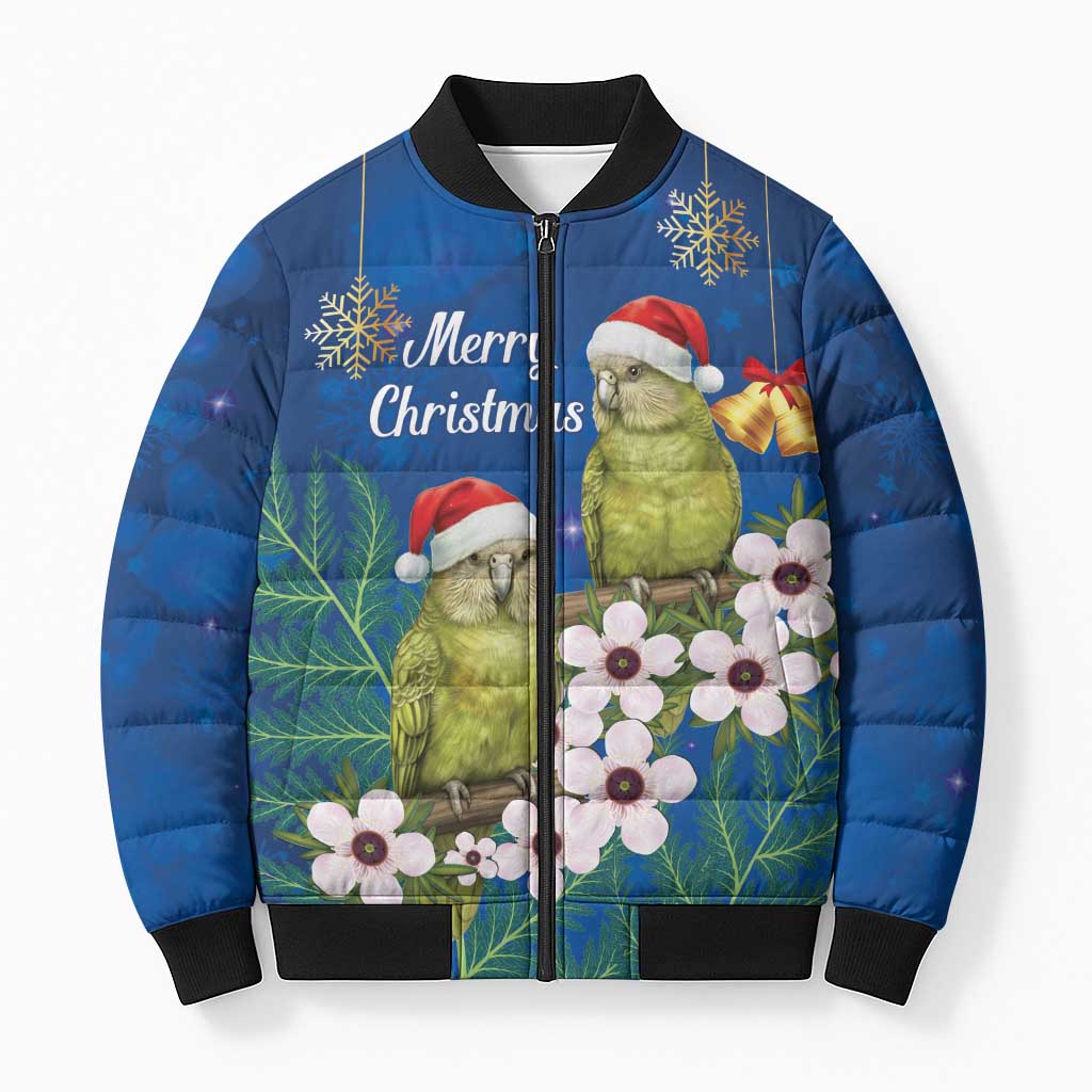 New Zealand Kakapo Christmas Bomber Puffer Jacket Owl Parrot Santa Sliver Fern Manuka - Blue LT14 Unisex Blue - Polynesian Pride