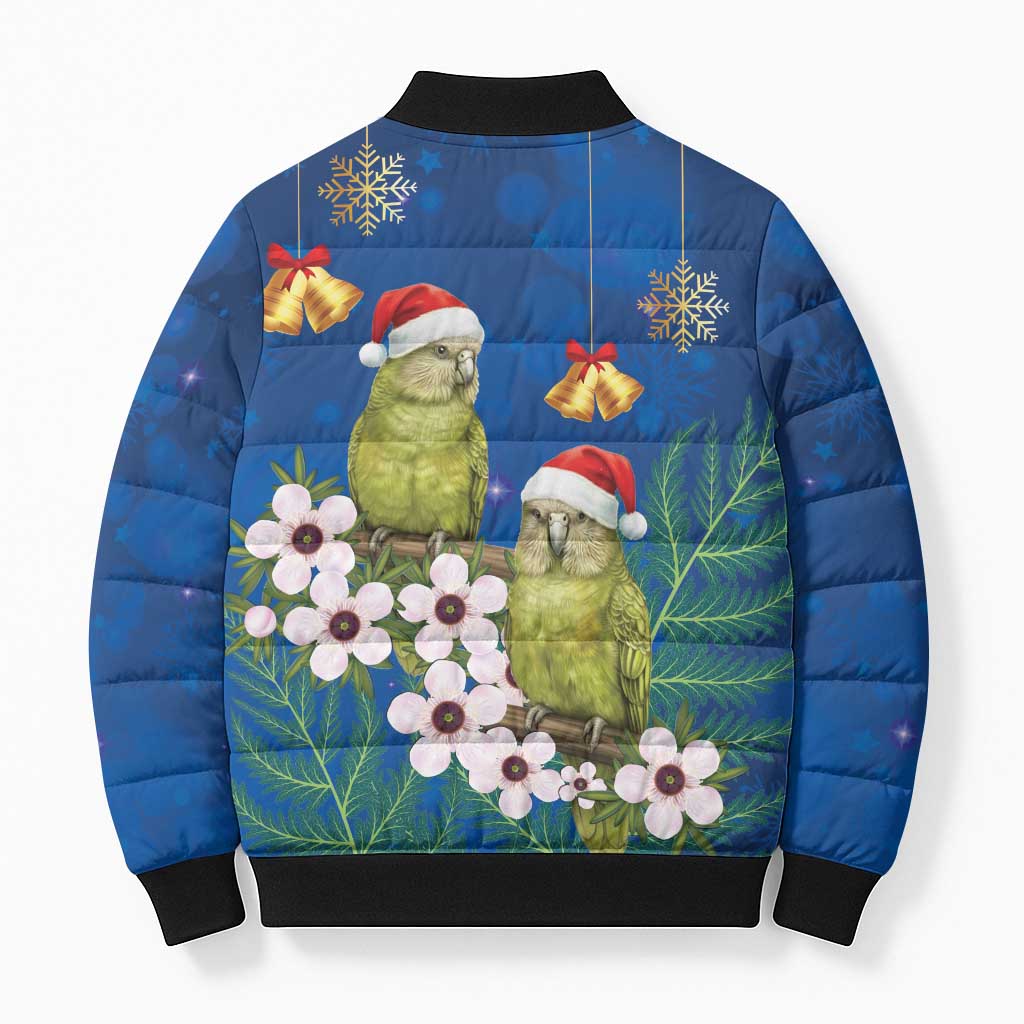 New Zealand Kakapo Christmas Bomber Puffer Jacket Owl Parrot Santa Sliver Fern Manuka - Blue LT14 - Polynesian Pride