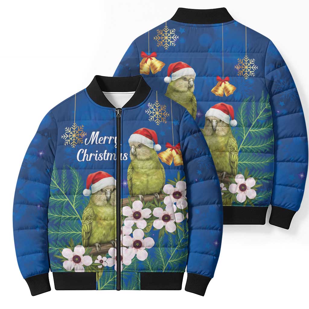 New Zealand Kakapo Christmas Bomber Puffer Jacket Owl Parrot Santa Sliver Fern Manuka - Blue LT14 - Polynesian Pride