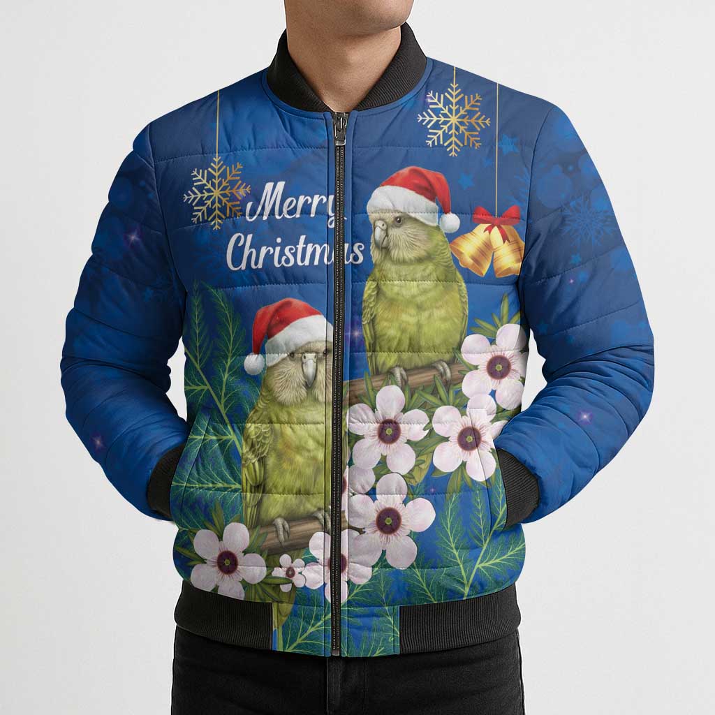 New Zealand Kakapo Christmas Bomber Puffer Jacket Owl Parrot Santa Sliver Fern Manuka - Blue LT14 - Polynesian Pride