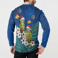 New Zealand Kakapo Christmas Button Sweatshirt Owl Parrot Santa Sliver Fern Manuka - Blue LT14 - Polynesian Pride