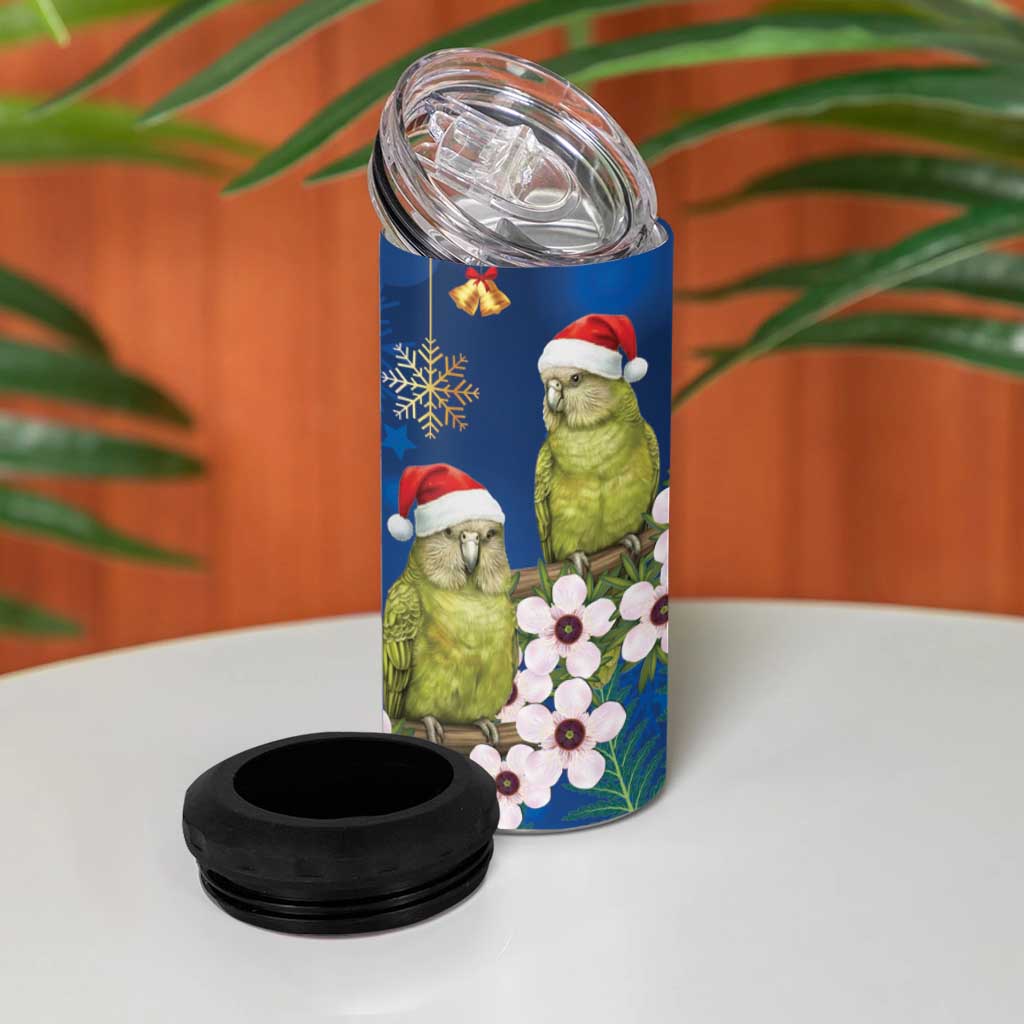 New Zealand Kakapo Christmas 4 in 1 Can Cooler Tumbler Owl Parrot Santa Sliver Fern Manuka - Blue LT14 - Polynesian Pride