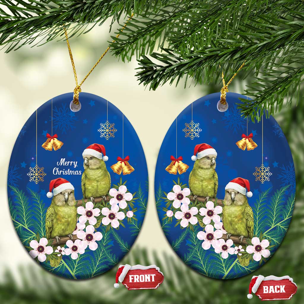 New Zealand Kakapo Christmas Ceramic Ornament Owl Parrot Santa Sliver Fern Manuka - Blue LT14 Oval Blue - Polynesian Pride