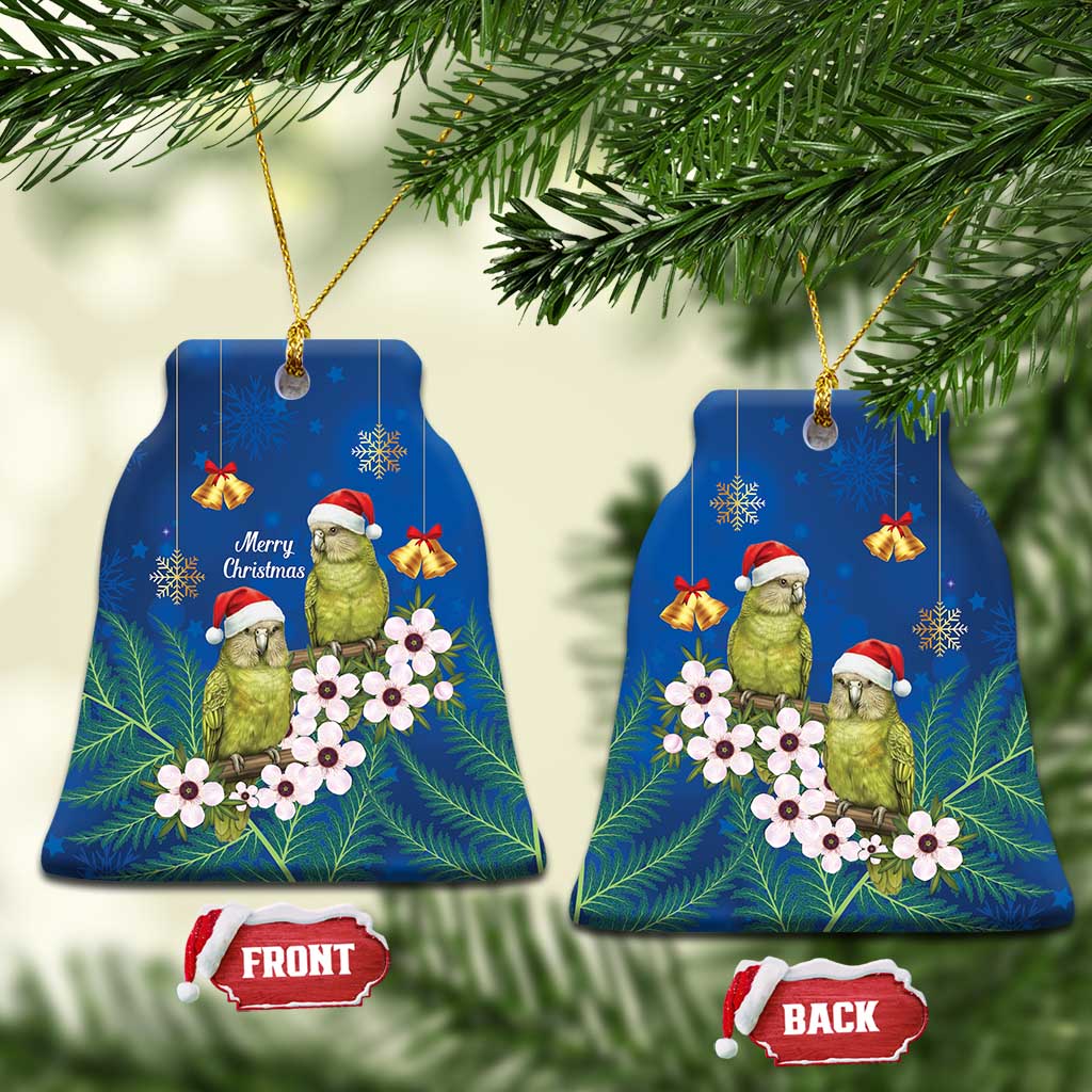 New Zealand Kakapo Christmas Ceramic Ornament Owl Parrot Santa Sliver Fern Manuka - Blue LT14 Bell Flake Blue - Polynesian Pride