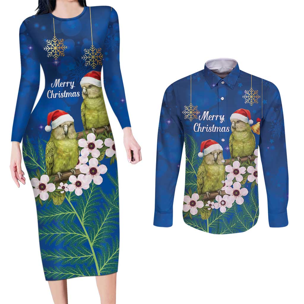 New Zealand Kakapo Christmas Couples Matching Long Sleeve Bodycon Dress and Long Sleeve Button Shirt Owl Parrot Santa Sliver Fern Manuka - Blue LT14 Blue - Polynesian Pride