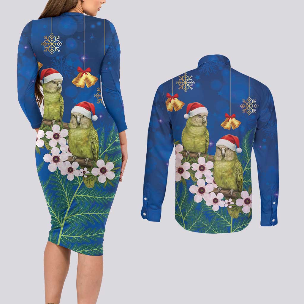 New Zealand Kakapo Christmas Couples Matching Long Sleeve Bodycon Dress and Long Sleeve Button Shirt Owl Parrot Santa Sliver Fern Manuka - Blue LT14 - Polynesian Pride