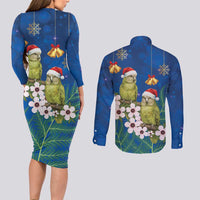 New Zealand Kakapo Christmas Couples Matching Long Sleeve Bodycon Dress and Long Sleeve Button Shirt Owl Parrot Santa Sliver Fern Manuka - Blue LT14 - Polynesian Pride