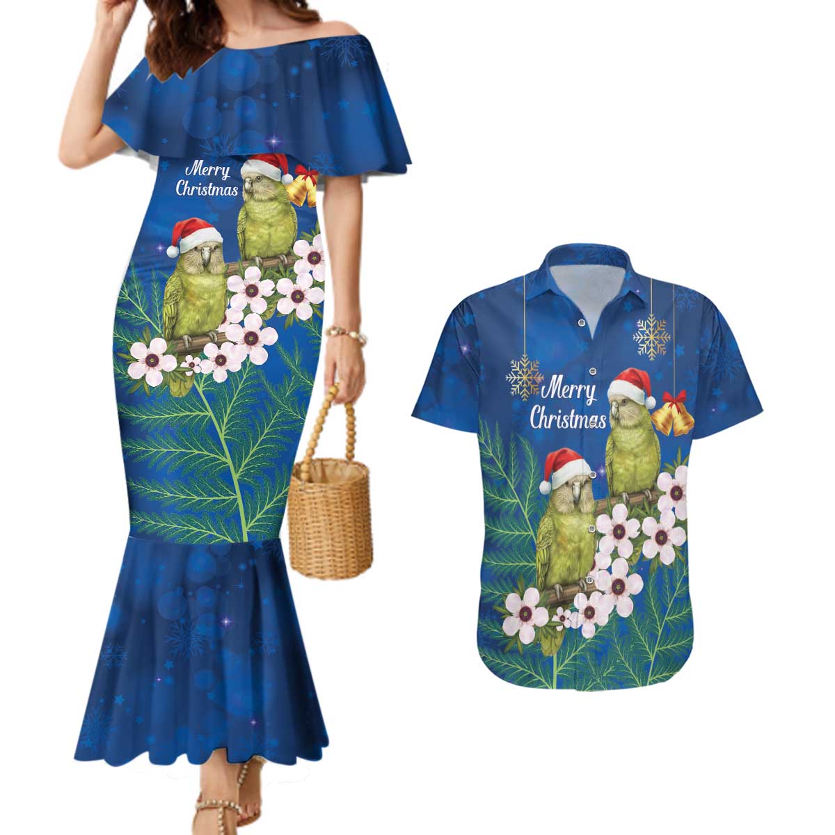 New Zealand Kakapo Christmas Couples Matching Mermaid Dress and Hawaiian Shirt Owl Parrot Santa Sliver Fern Manuka - Blue LT14 Blue - Polynesian Pride