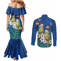 New Zealand Kakapo Christmas Couples Matching Mermaid Dress and Long Sleeve Button Shirt Owl Parrot Santa Sliver Fern Manuka - Blue LT14 - Polynesian Pride