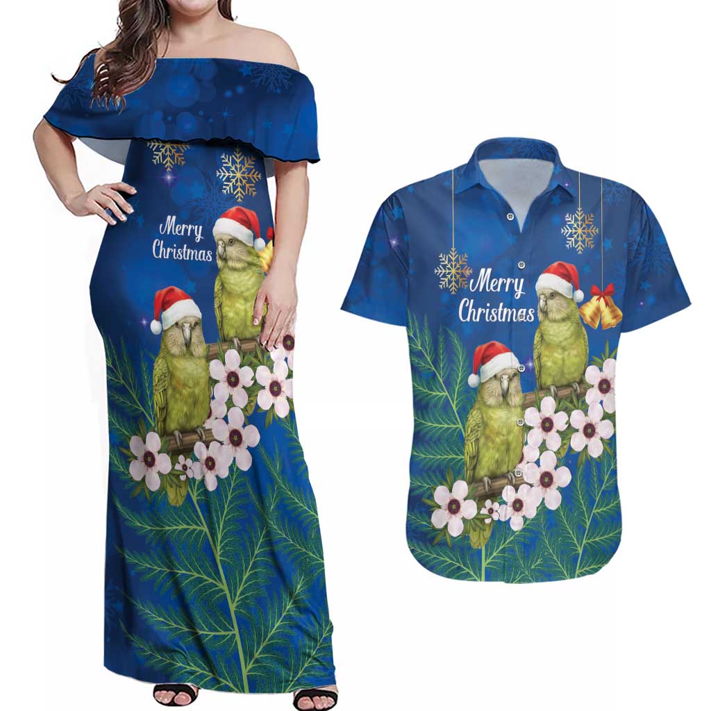 New Zealand Kakapo Christmas Couples Matching Off Shoulder Maxi Dress and Hawaiian Shirt Owl Parrot Santa Sliver Fern Manuka - Blue - Polynesian Pride