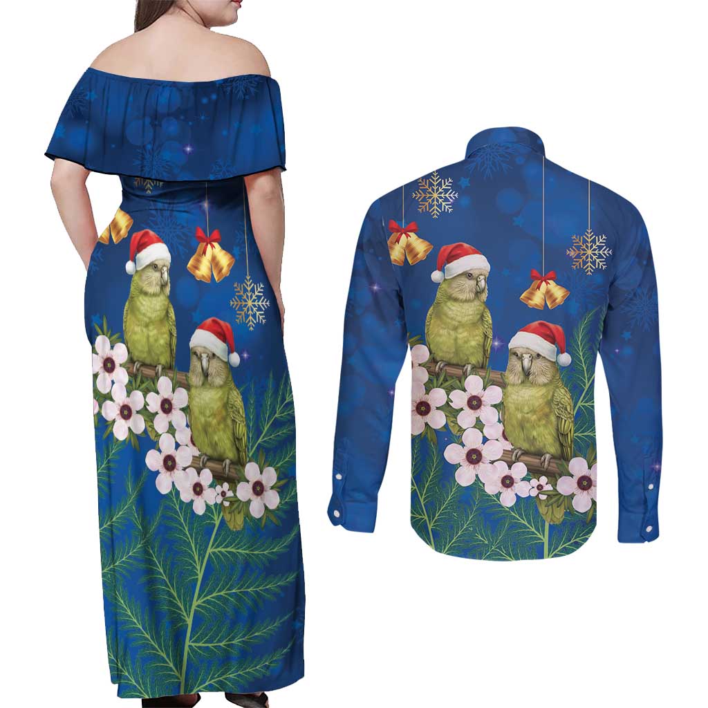 New Zealand Kakapo Christmas Couples Matching Off Shoulder Maxi Dress and Long Sleeve Button Shirt Owl Parrot Santa Sliver Fern Manuka - Blue LT14 - Polynesian Pride