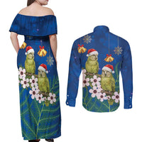 New Zealand Kakapo Christmas Couples Matching Off Shoulder Maxi Dress and Long Sleeve Button Shirt Owl Parrot Santa Sliver Fern Manuka - Blue LT14 - Polynesian Pride