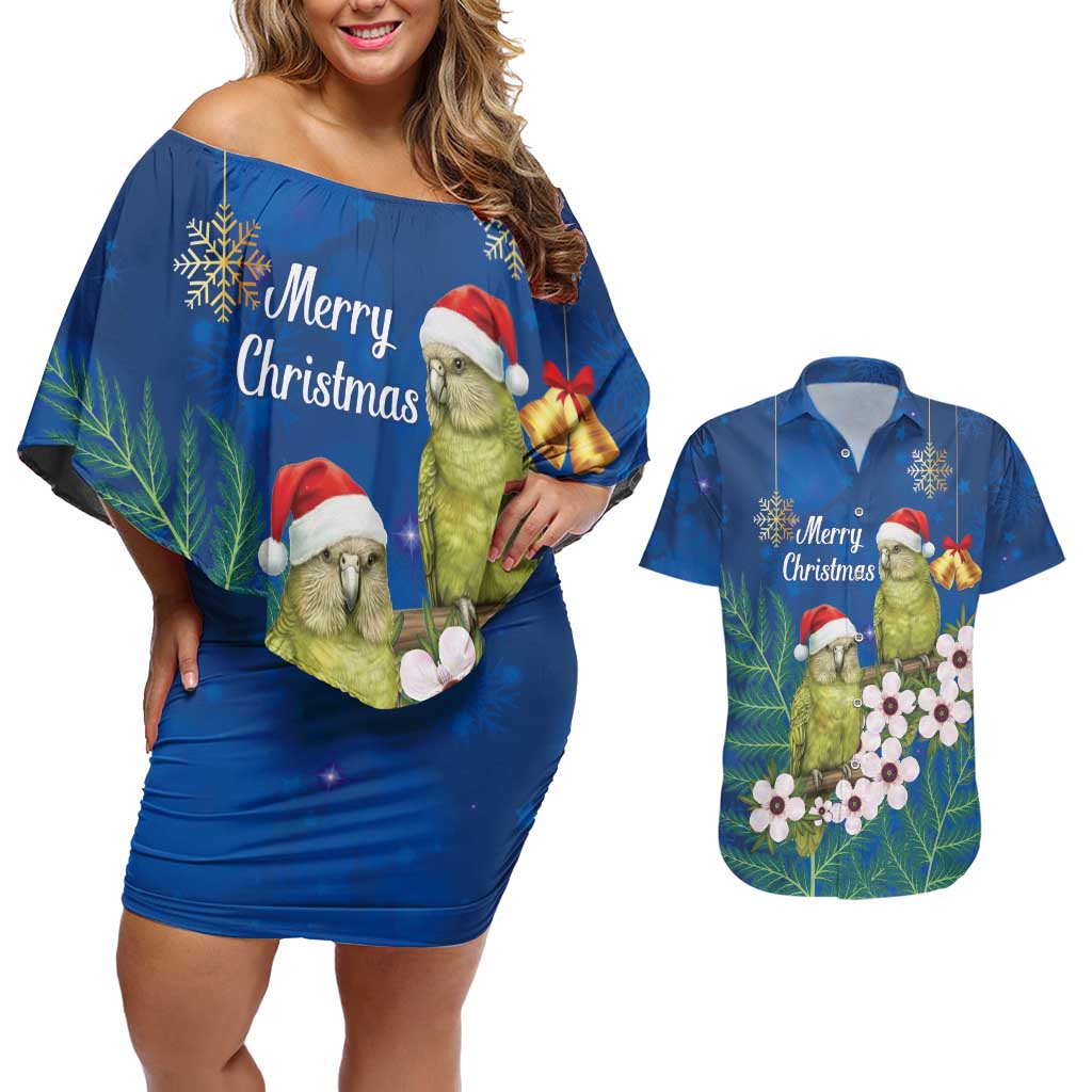 New Zealand Kakapo Christmas Couples Matching Off Shoulder Short Dress and Hawaiian Shirt Owl Parrot Santa Sliver Fern Manuka - Blue LT14 Blue - Polynesian Pride