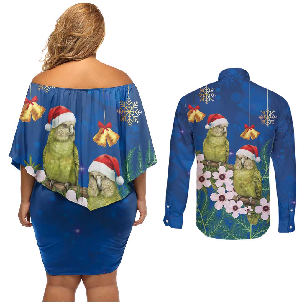 New Zealand Kakapo Christmas Couples Matching Off Shoulder Short Dress and Long Sleeve Button Shirt Owl Parrot Santa Sliver Fern Manuka - Blue LT14 - Polynesian Pride