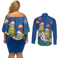 New Zealand Kakapo Christmas Couples Matching Off Shoulder Short Dress and Long Sleeve Button Shirt Owl Parrot Santa Sliver Fern Manuka - Blue LT14 - Polynesian Pride