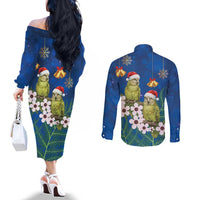New Zealand Kakapo Christmas Couples Matching Off The Shoulder Long Sleeve Dress and Long Sleeve Button Shirt Owl Parrot Santa Sliver Fern Manuka - Blue LT14 - Polynesian Pride