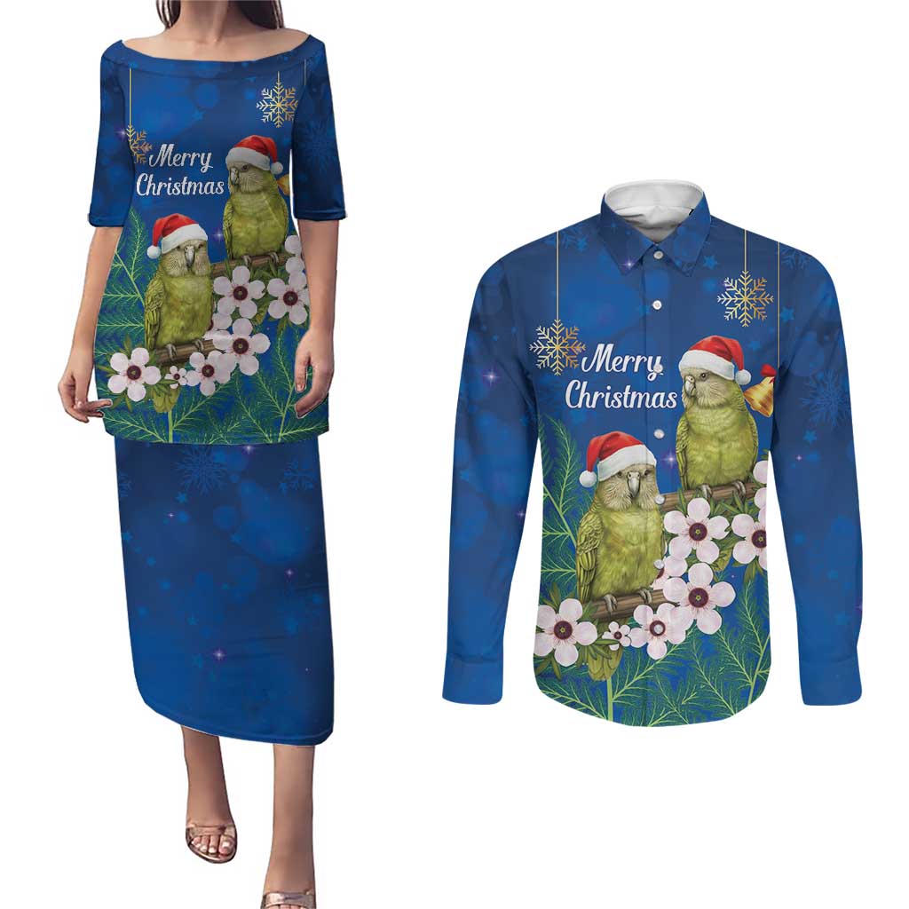 New Zealand Kakapo Christmas Couples Matching Puletasi and Long Sleeve Button Shirt Owl Parrot Santa Sliver Fern Manuka - Blue LT14 Blue - Polynesian Pride