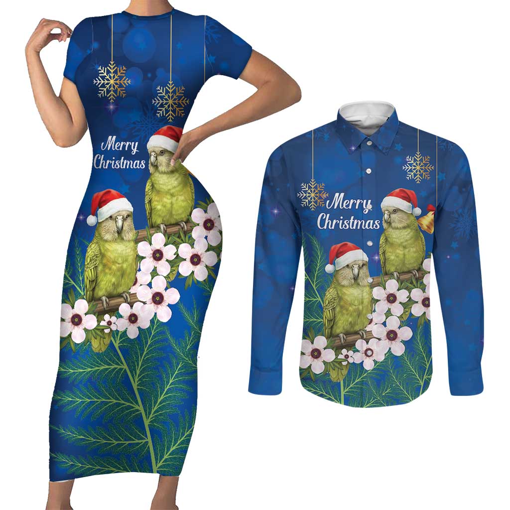 New Zealand Kakapo Christmas Couples Matching Short Sleeve Bodycon Dress and Long Sleeve Button Shirt Owl Parrot Santa Sliver Fern Manuka - Blue LT14 Blue - Polynesian Pride