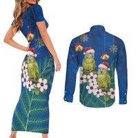 New Zealand Kakapo Christmas Couples Matching Short Sleeve Bodycon Dress and Long Sleeve Button Shirt Owl Parrot Santa Sliver Fern Manuka - Blue LT14 - Polynesian Pride