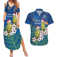 New Zealand Kakapo Christmas Couples Matching Summer Maxi Dress and Hawaiian Shirt Owl Parrot Santa Sliver Fern Manuka - Blue LT14 Blue - Polynesian Pride