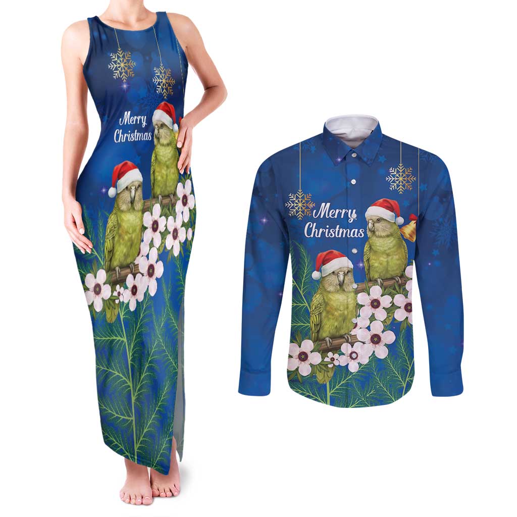 New Zealand Kakapo Christmas Couples Matching Tank Maxi Dress and Long Sleeve Button Shirt Owl Parrot Santa Sliver Fern Manuka - Blue LT14 Blue - Polynesian Pride