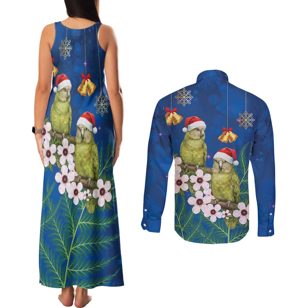 New Zealand Kakapo Christmas Couples Matching Tank Maxi Dress and Long Sleeve Button Shirt Owl Parrot Santa Sliver Fern Manuka - Blue LT14 - Polynesian Pride