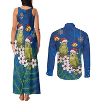 New Zealand Kakapo Christmas Couples Matching Tank Maxi Dress and Long Sleeve Button Shirt Owl Parrot Santa Sliver Fern Manuka - Blue LT14 - Polynesian Pride