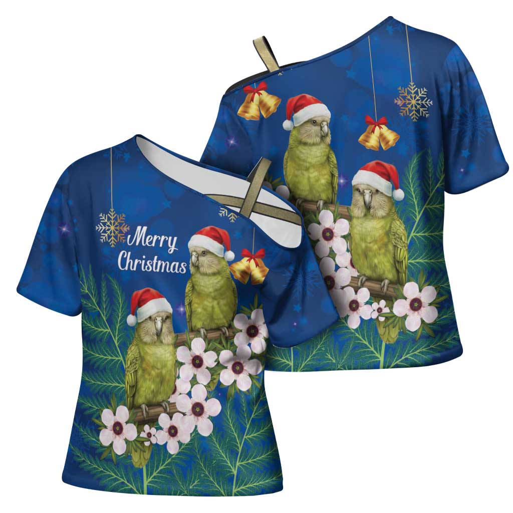 New Zealand Kakapo Christmas Cross Shoulder Shirt Owl Parrot Santa Sliver Fern Manuka - Blue LT14 - Polynesian Pride
